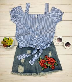 Striped crop top w/ distress jeans skirt 2 piece set