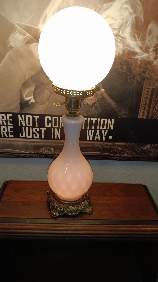 Antique Pink Satin Globe Art Glass Table Lamp