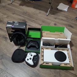 Microsoft Xbox Series S 512 GB Video Game Console, Microsoft Bluetooth Elite Series 2 controller, another controller, RIG Ultralight Wireless Headset