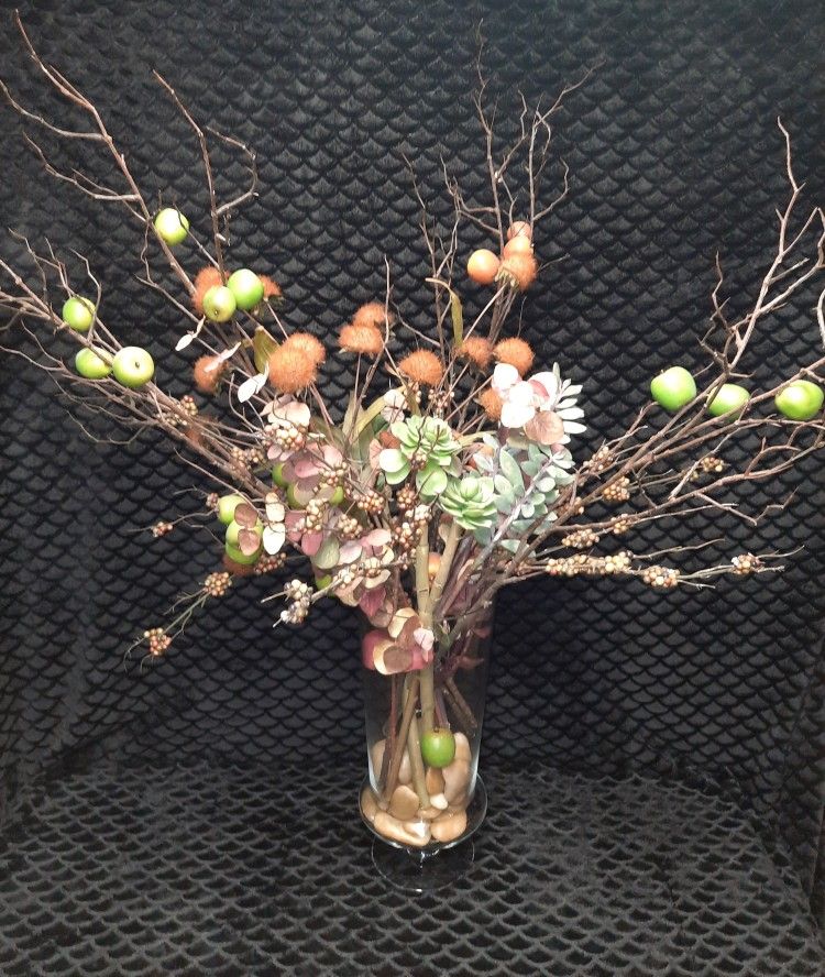 Large Thick Glass Floral Fruit & Stones Vase Accent Display
