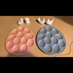 Ceramic deviled egg plates and salt and pepper shakers of bunnies or chickens each item is five dollars each salt and pepper shake is five dollars