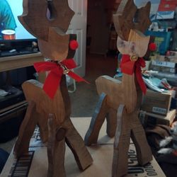 Two Wooden Reindeer W/Red Bow & Bell