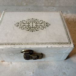 Mid Mod Jewelry Box Classic Vintage Gold Stamped Two Tiered Box With Blue Satin Interior