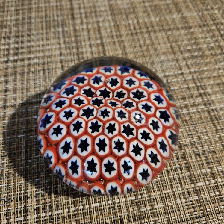 Millefiori Pattern Glass Paperweight Red White And Blue