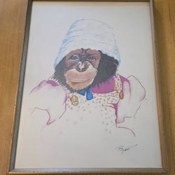 Home Decor - Framed Original Oil Pastel Art - Chimpanzee in Jumper - Rudy Flores
