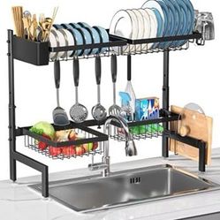 TOPWE Over The Sink Dish Drying Rack, Single-Tier Stainless Steel Adjustable Dish Rack with 4*Basket Drain Rack Above Sink Large-Capacity for Kitchen 
