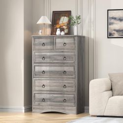 Tall Dresser Grey for Bedroom, Wood 6 Chest Drawers, 6 Drawer Dresser, Storage for Clothes, Narrow Large Drawers, Vintage, for Living Room, Bedroom, H