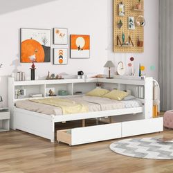 Full Bed with L-shaped Bookcases, Drawers - White