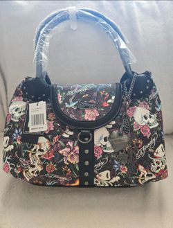 Ed Hardy Handbag with Skull and Rose Print