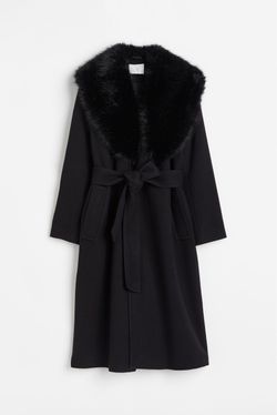 Black Belted Coat with Faux Fur Collar