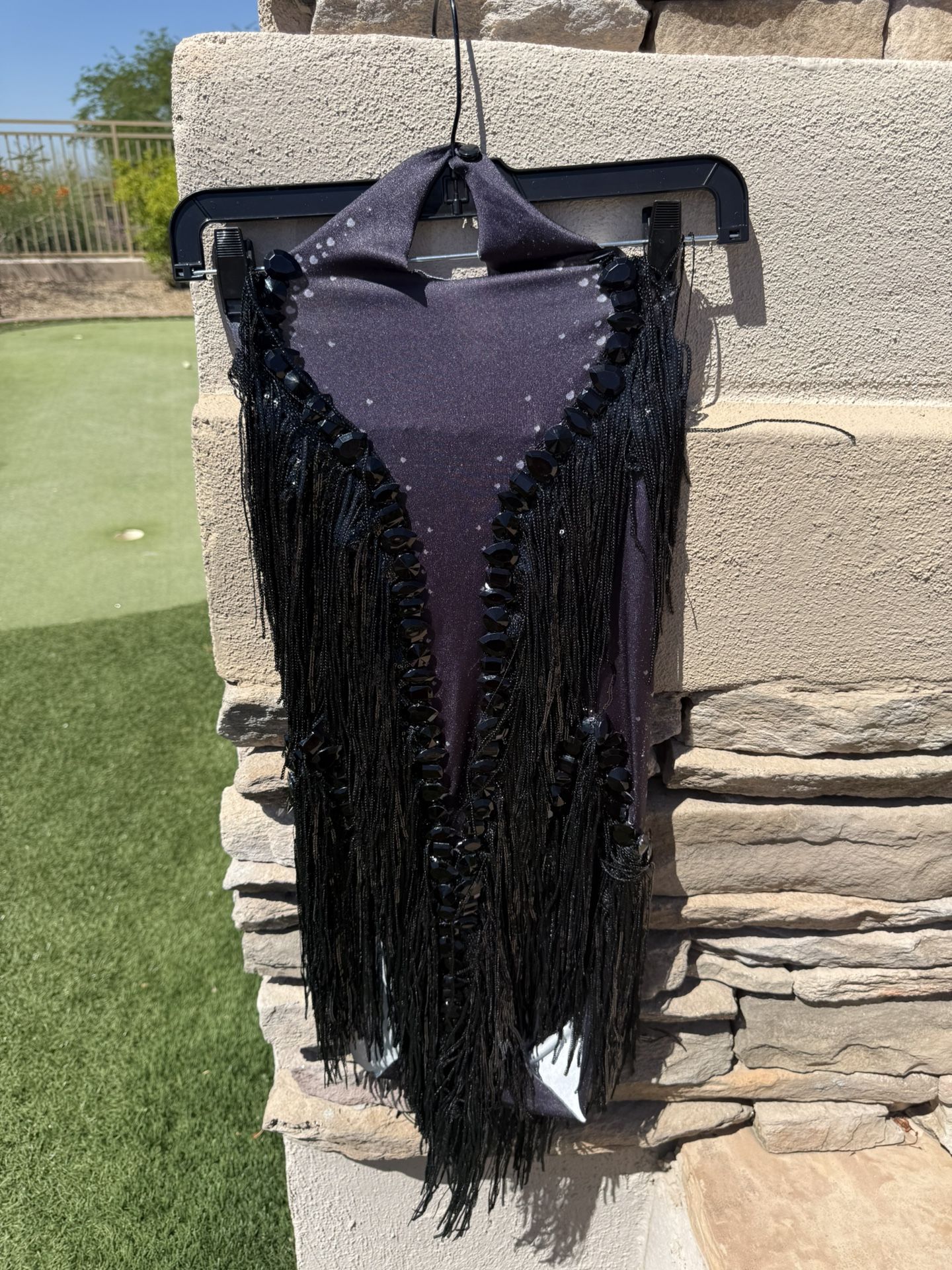 hinestone Sequin Fringes Dance Bodysuit Women size medium/large Costume material: 90% spandex, 10% polyester. The fabric is comfortable and elastic.