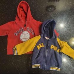 Lot of 2 Size 12 Months Baby Boy Toddler Zip Coat Jackets Hooded Baseball Themed
