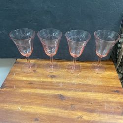 Antique Pink Depression Tiffin Etched Set Four Wine Glasses Glass Set 