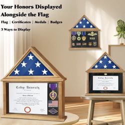 Solid Wood Flag Certificate Display Case with HD Tempered Glass for Small Folded 3'x5' American Flag