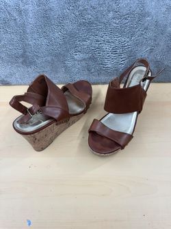 Material Girl Brown Faux Leather Wedge Sandals Cork Heel Casual Summer