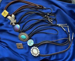 Vintage Western Bolo Tie Lot of 6 Chambers Premier Silver Tone Turquoise Eagle