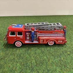 *Vintage Tin Fire Truck with Siren Friction Toy, Ladder Extends