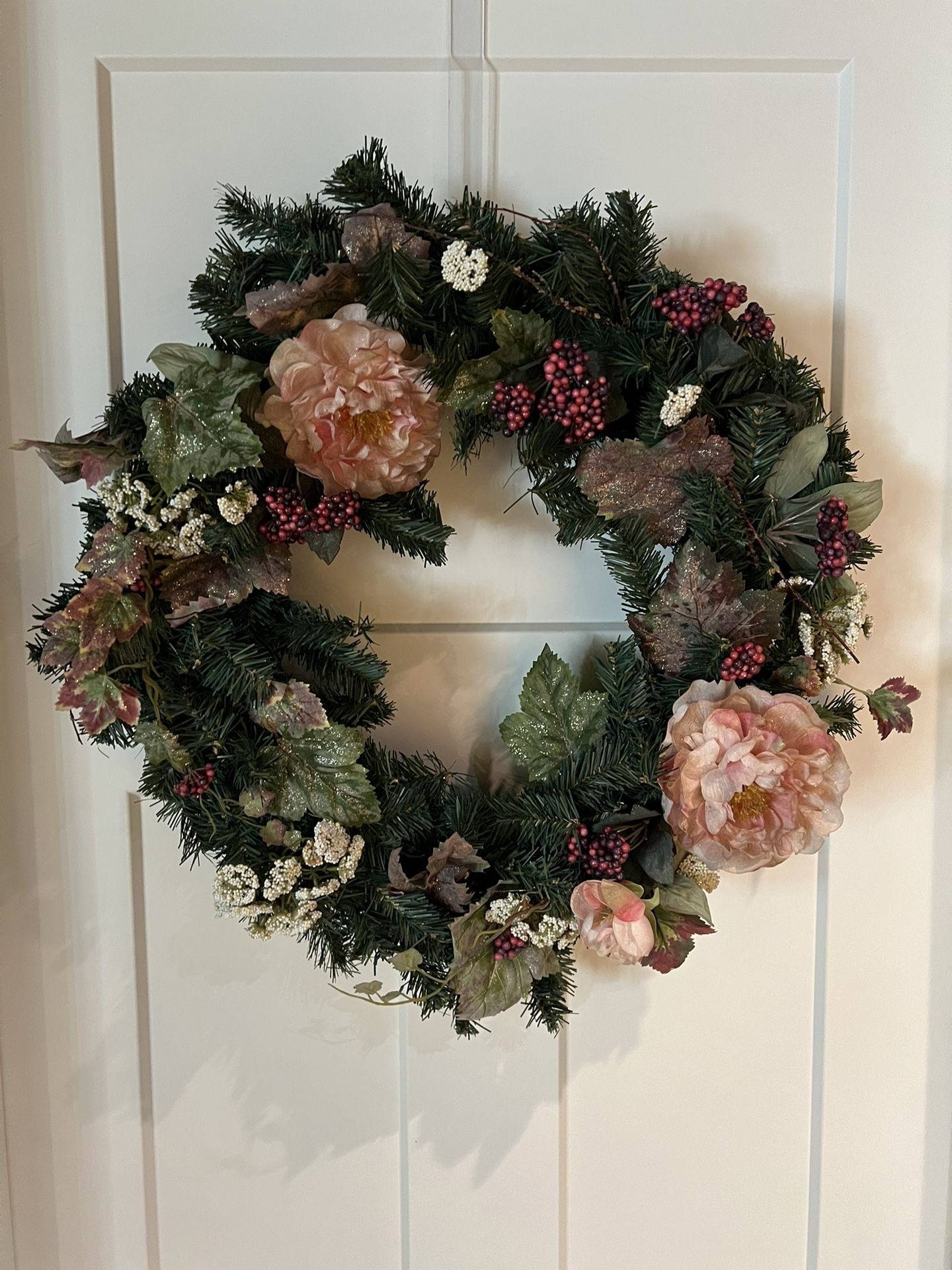 Artificial Green 20” Wreath With Pink Silk Flowers