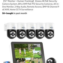 【12’’ Monitor + Human Tracking】Hiseeu 4K PoE Security Camera System, 6Pcs
