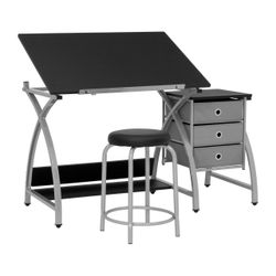 50 in. 2-Piece Rectangular Black Comet Center Plus Writing Desk with Adjustable Top, 3-Pull-Out Drawers and Stool Black