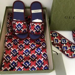 Gucci GG Geometric Print Silk Slippers & Eye Mask Gift Set - NEW