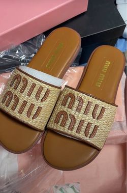 Miu Miu Raffia Logo Slide Sandals