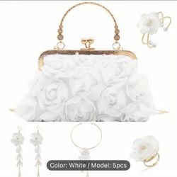 5 Pcs Women Rose Clutch purse Rose & Jewelry Set
