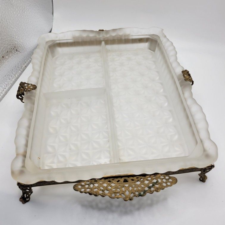 Vintage Clear Satin Glass Vanity Tray with Ornate Brass Footed Stand 10" x 7.5"