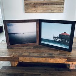 Ocean Beach Ruby’s Pier and Sailboats Framed Photographs (23.5” x 19.5”). Price for both, together only. 