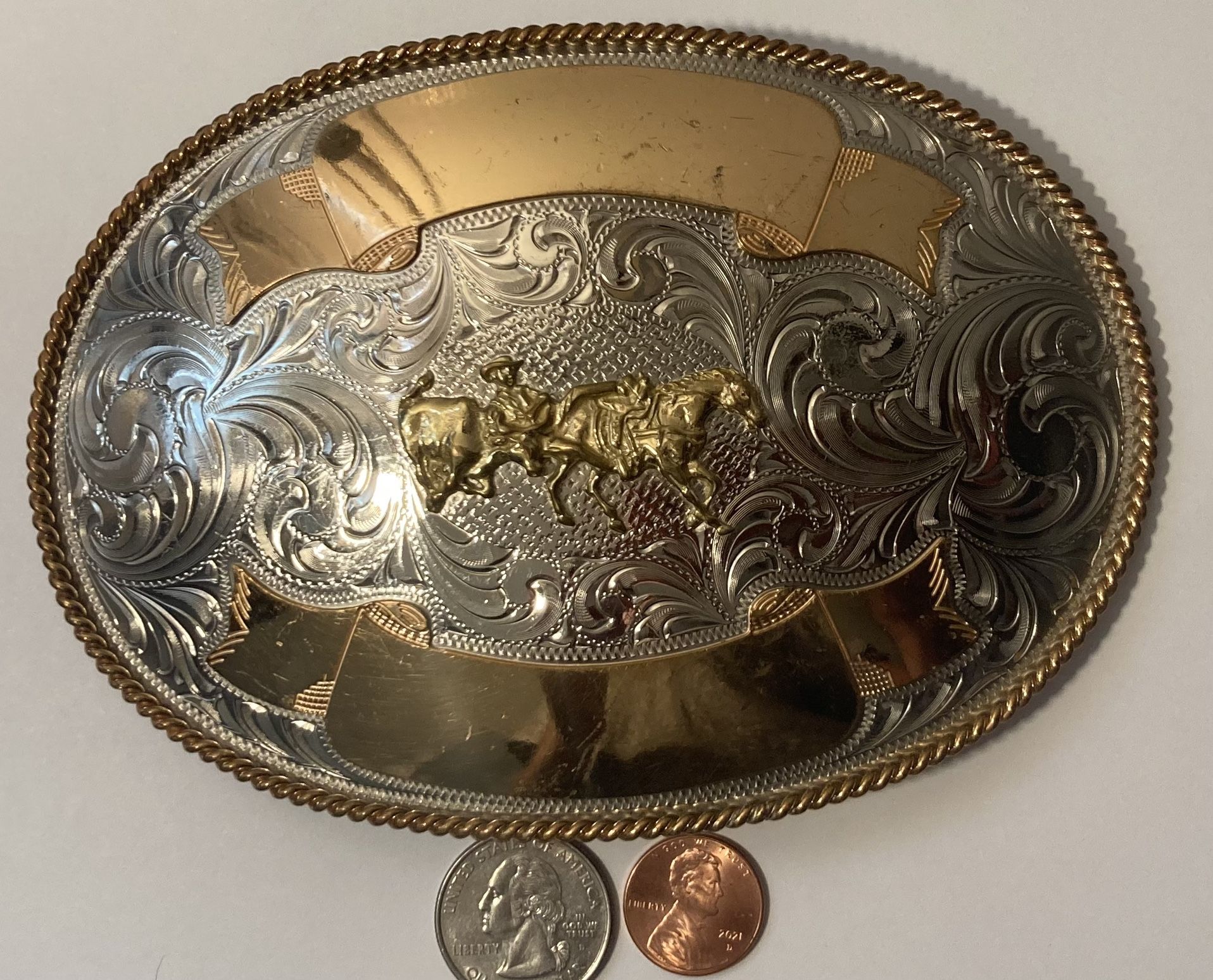Vintage Belt Buckle Nickel Silver And Brass Cow Wrestling 6 x 4 Montana Silversmiths