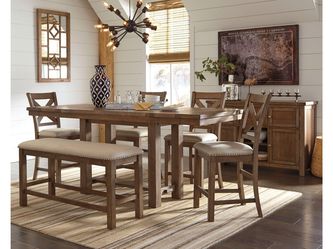 Moriville Grayish Brown Counter Height Dining Table with 6 Barstools and Bench