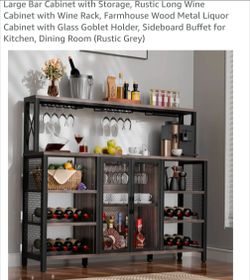 Large Bar Cabinet with Storage, Rustic Long Wine Cabinet with Wine Rack, (Rustic Grey)