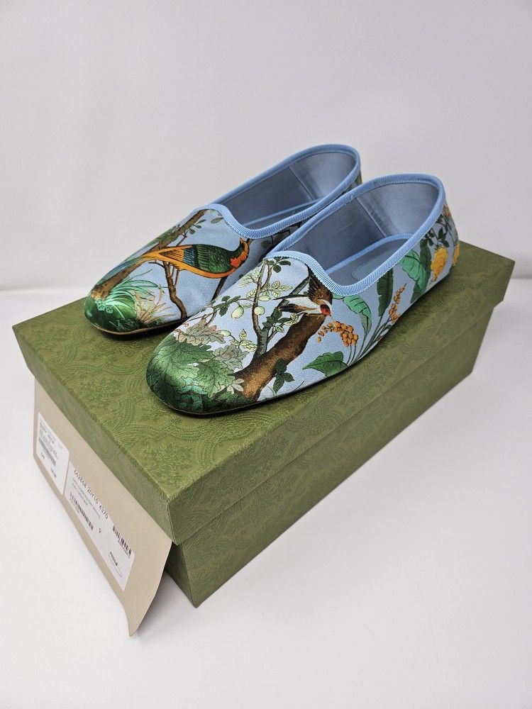 Gucci 9 42 Blue Silk Satin Slippers Loafers Voyage Tian Eco Green Bird Print Italy