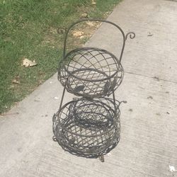 2-Tier Black Metal Basket Stand