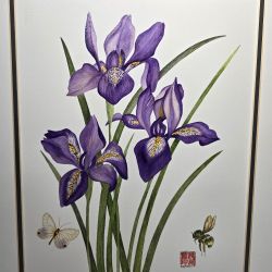 Original Signed Carol Weyrich Siberian Iris Botanical Realism Watercolor Painting Art - Double Matted 16" x 20"