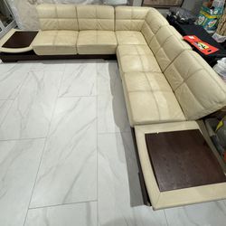 L Shaped Wood & Leather Couch