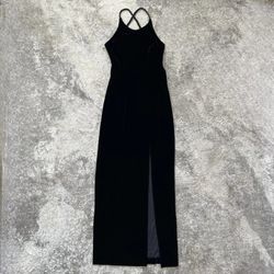 SUSAN ROSELLI Vintage 90s Black Velvet Backless Leg Slit Long Formal Gown Dress