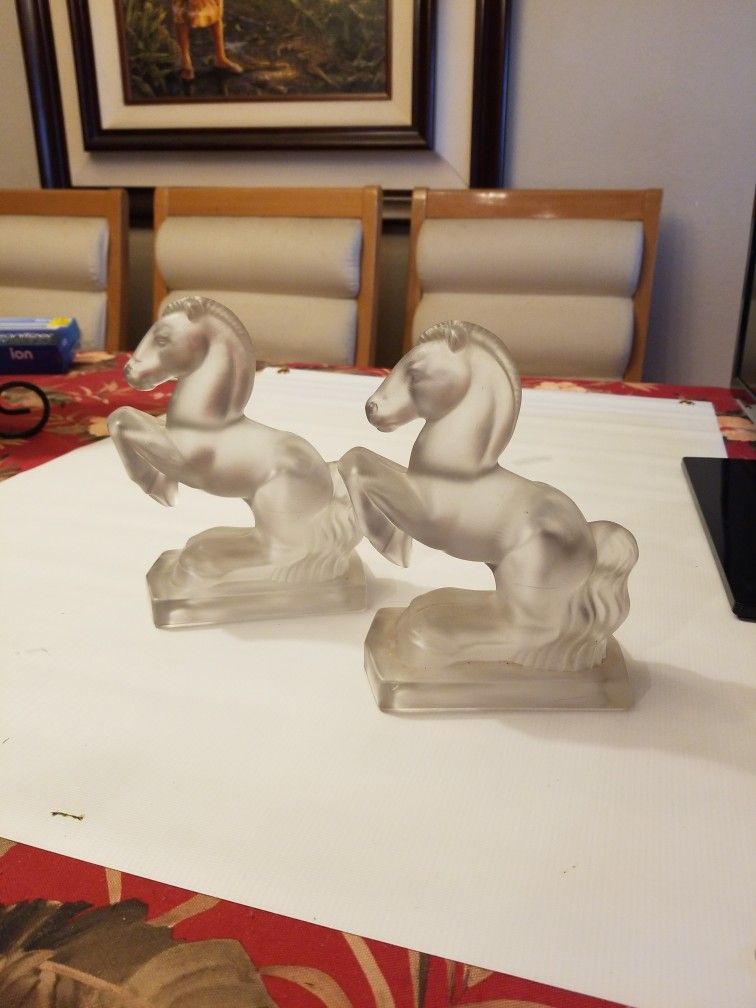Vintage Frosted Glass 7" Horse Bookends