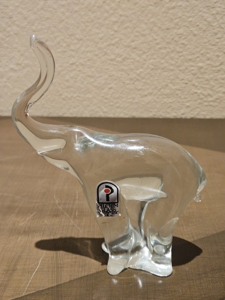 Vintage Pilgrim Elephant Figurine Crystal Clear Glass Trunk Up USA Handmade