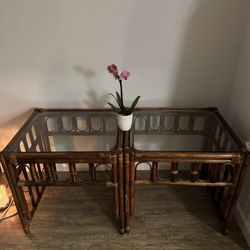 Two Glass And Wooden Side Tables