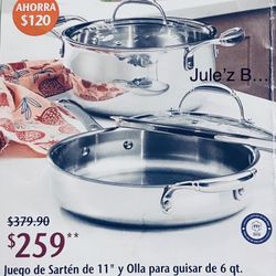 Princess House.  Set De Olla De 6 Qts Y Sarten De 11” Tri-ply Nuevas En Sus Cajas 