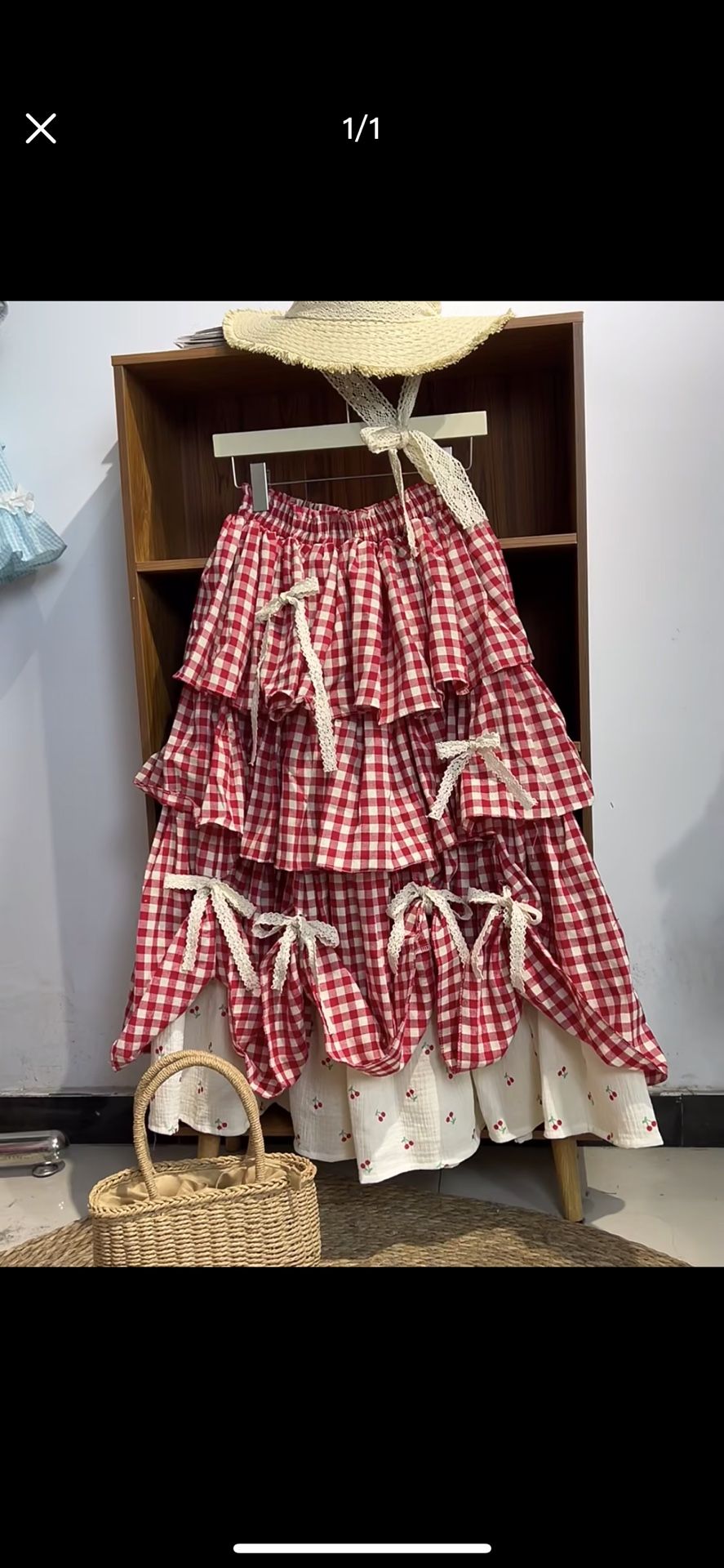 Red Checkered Skirt with Lace Accents
