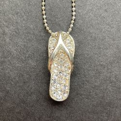 Silver Tone Flip Flop Sandal With Clear Rhinestones/Crystals 16-18” Ball Chain