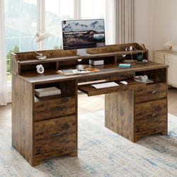 Farmhouse Executive Desk with Drawers, 59" Wood Computer Desk with Charging Station, Home Office Desk with Keyboard Tray & Monitor Stand，File Cabinet 