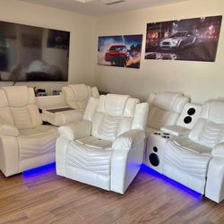 Recliners 3pc White W Bluetooth Speakers LED 