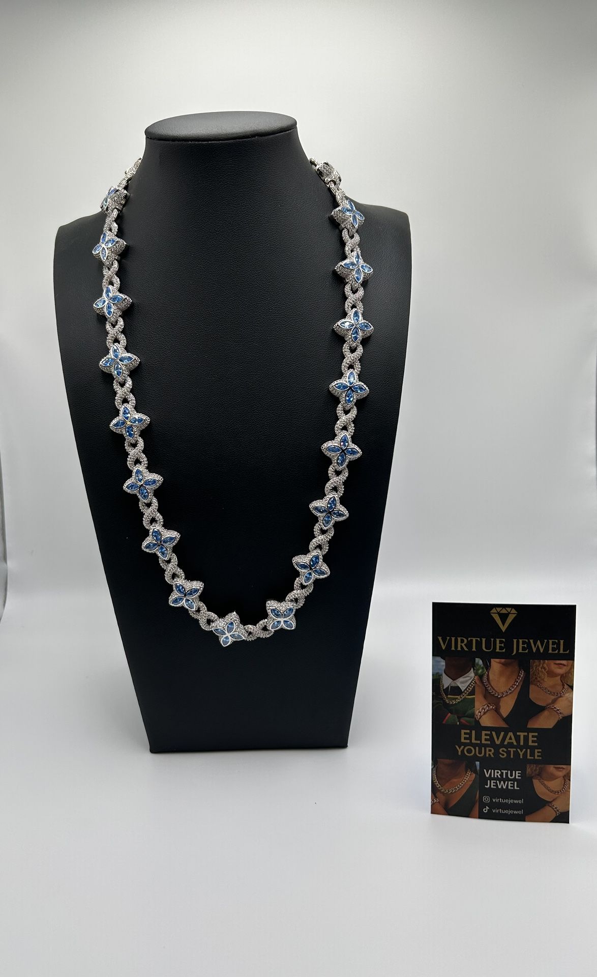 Flower 4 Leaf Clover Iced Out Premium Quality Chains & Bracelet Silver Blue