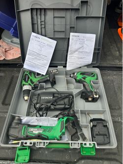 Hitachi 18V cordless tool kit, featuring green and black branding. The kit includes a DS18DSAL drill/driver, a WH18DSAL impact driver, and a CV18DSAL 