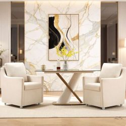 set of 2 Linen Dining Chair with Casters Modern Storage Seat Design for Relaxing Upholstered Arm Chair,