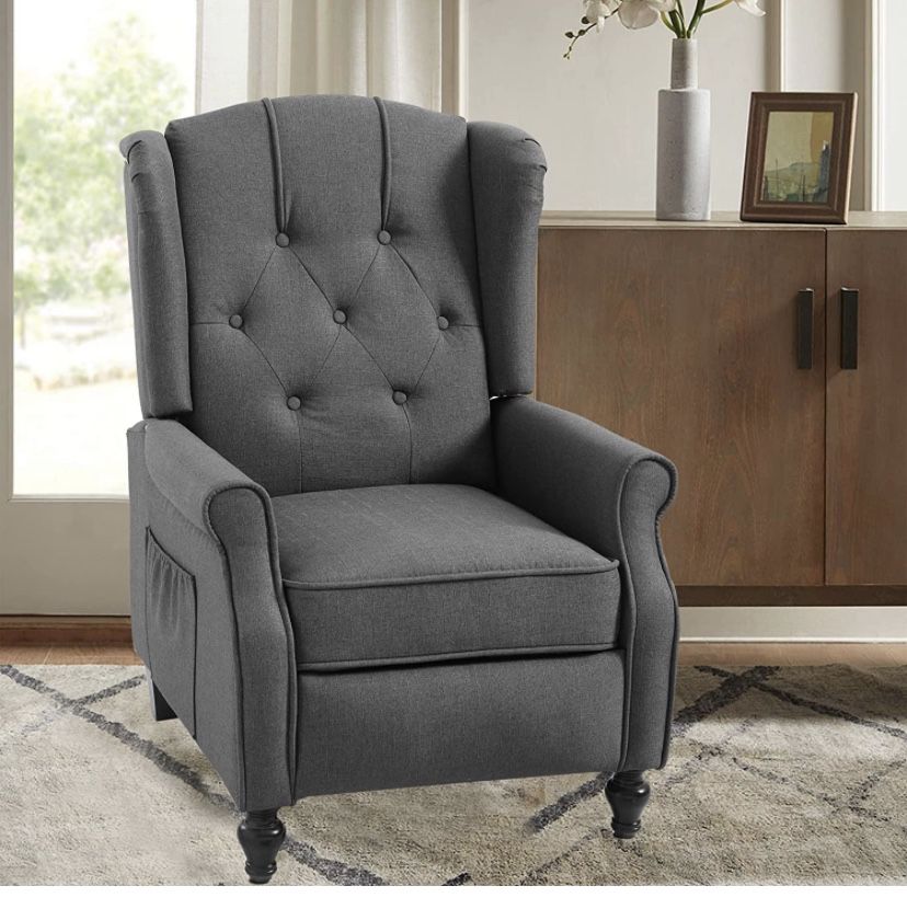 Wingback Push Back Recliner with Massage & Heating Fabric Accent Chair Upholstered Reclineing Armchair with Nailhead Trim and Wooden Legs for Living R