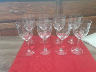 Set of 8 Etched Floral Crystal Wine Glasses